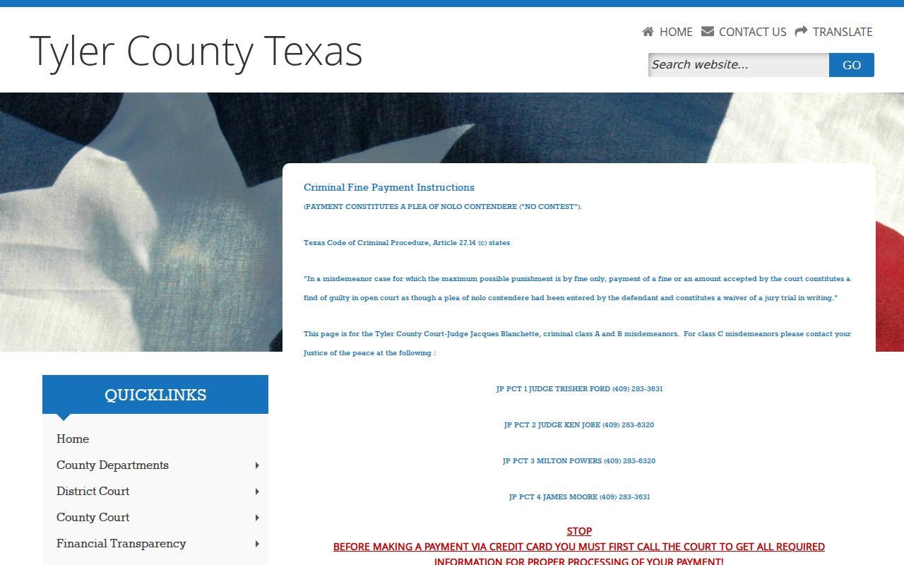 Tyler County criminal-fine payment instructions and convenience fee notice