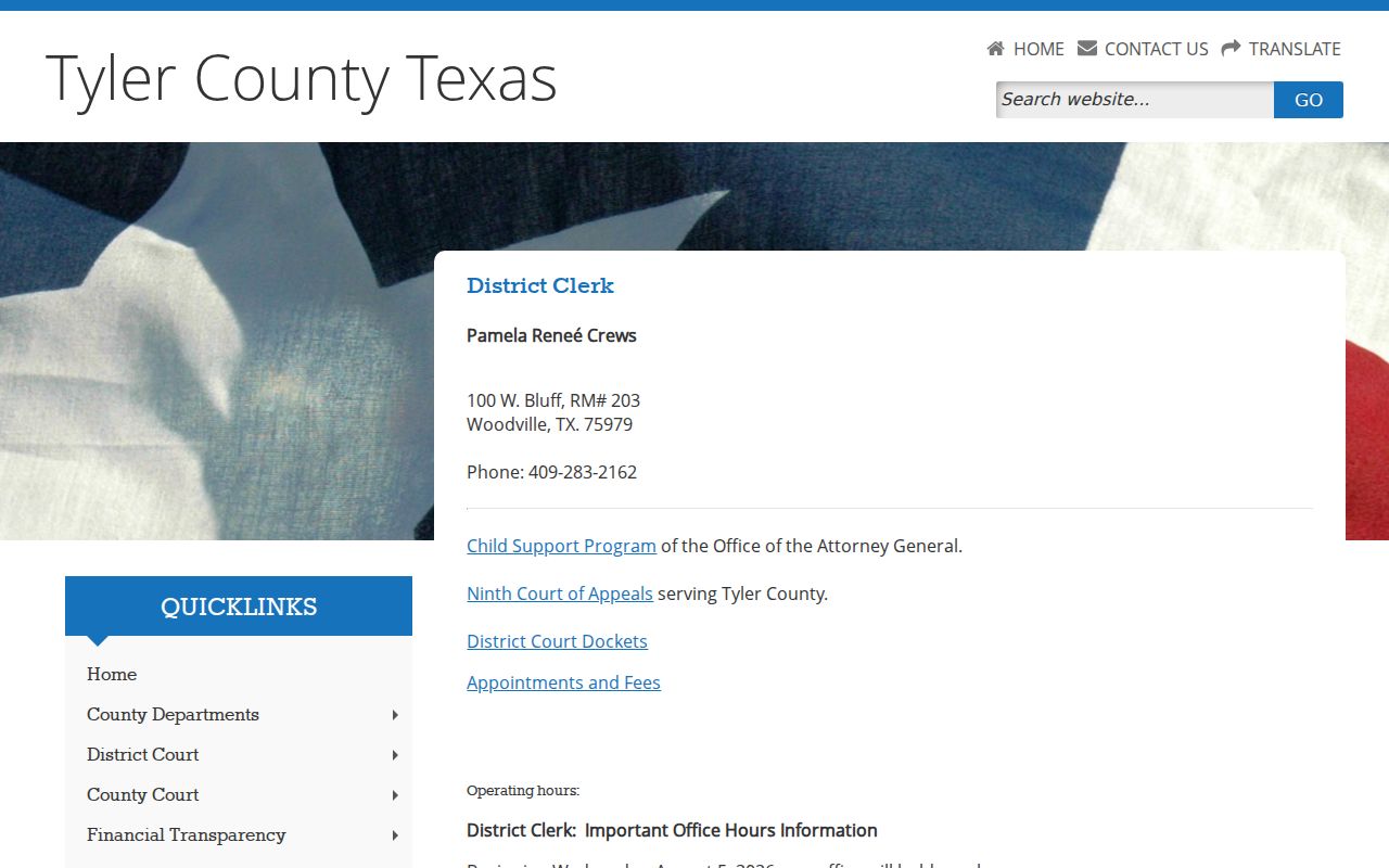 Tyler County warrant check contact details for the District Clerk