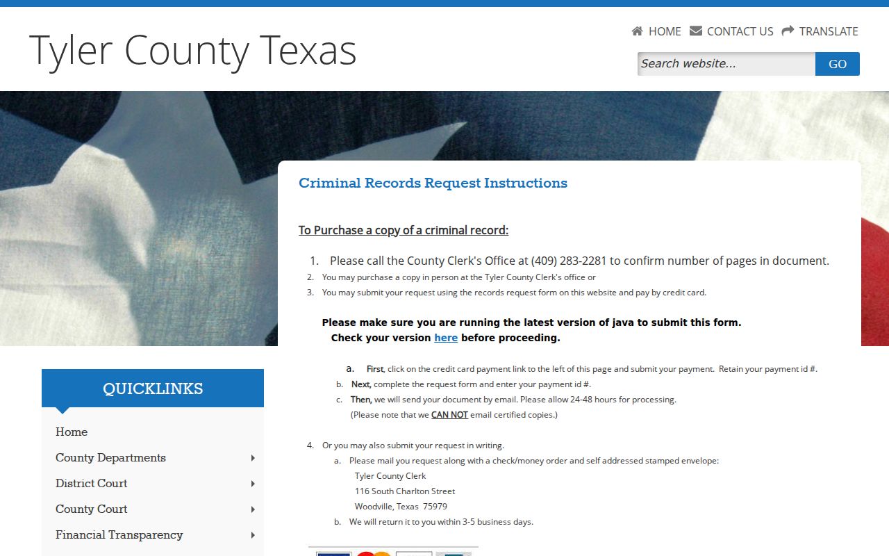 Tyler County criminal-record request steps for existing records