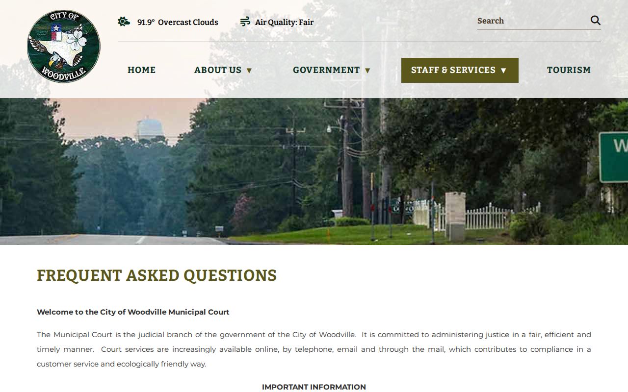 Tyler County bench warrant guidance showing Woodville Municipal Court's limited safe-arrival policy