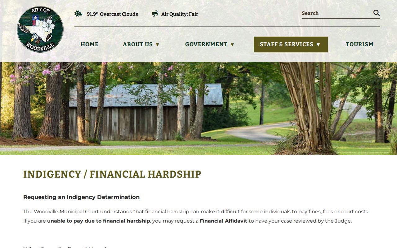Woodville Municipal Court financial affidavit and alternative resolution information