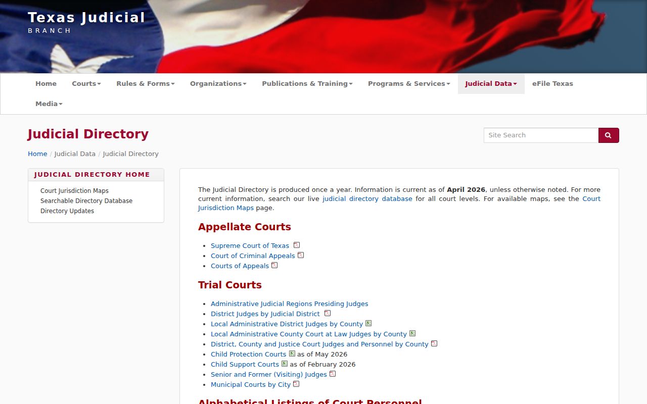 Texas judicial directory categories for finding a Tyler County court contact