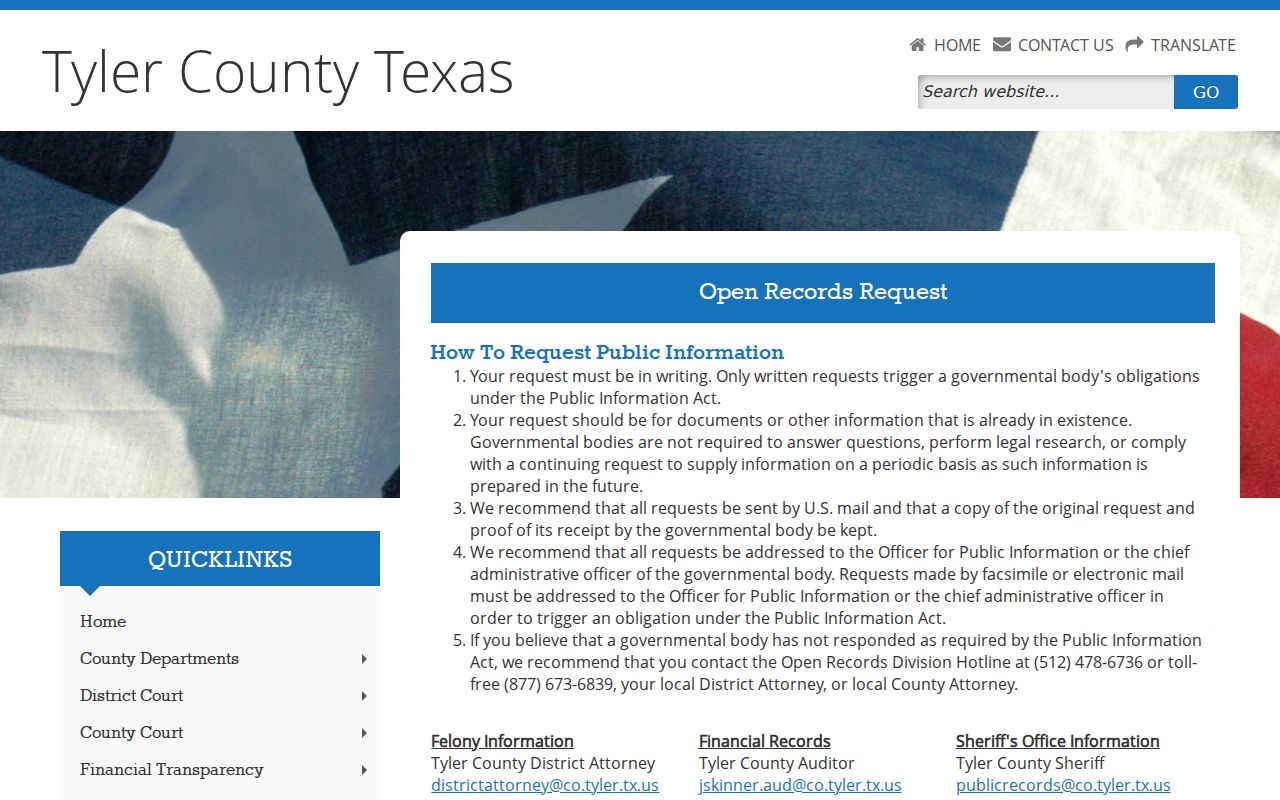 Tyler County warrant records public information request instructions